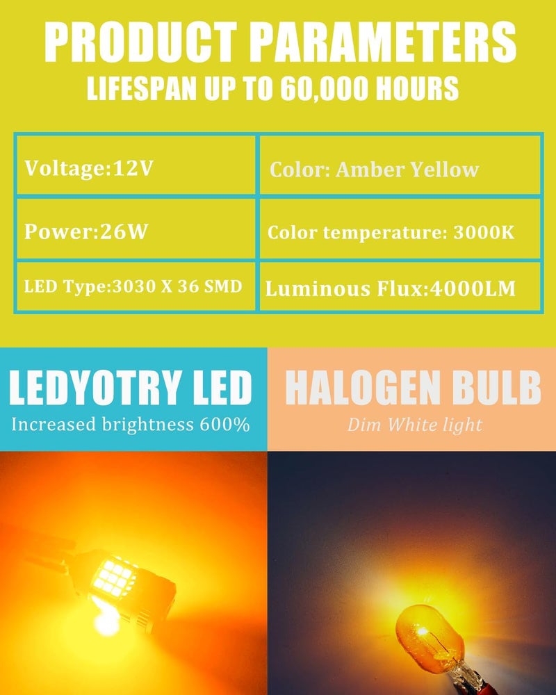LEDYOTRY 7440 LED Bulb Amber Yellow 4000 Lumens for Turn Signal Lights, CANBUS Error Free, with Built-in Resistor, Anti Hyper Flash 7440NA WY21W T20 7441 W21W Blinker Bulb Replacement (Pack of 2) - Image 4